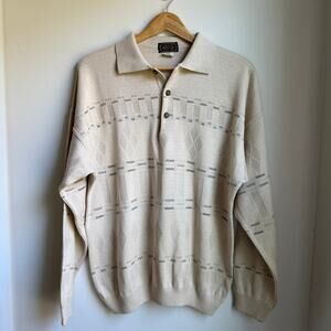 Vintage Yacht Royal Club Knit Polo Sweater Beige Cotton Acrylic L